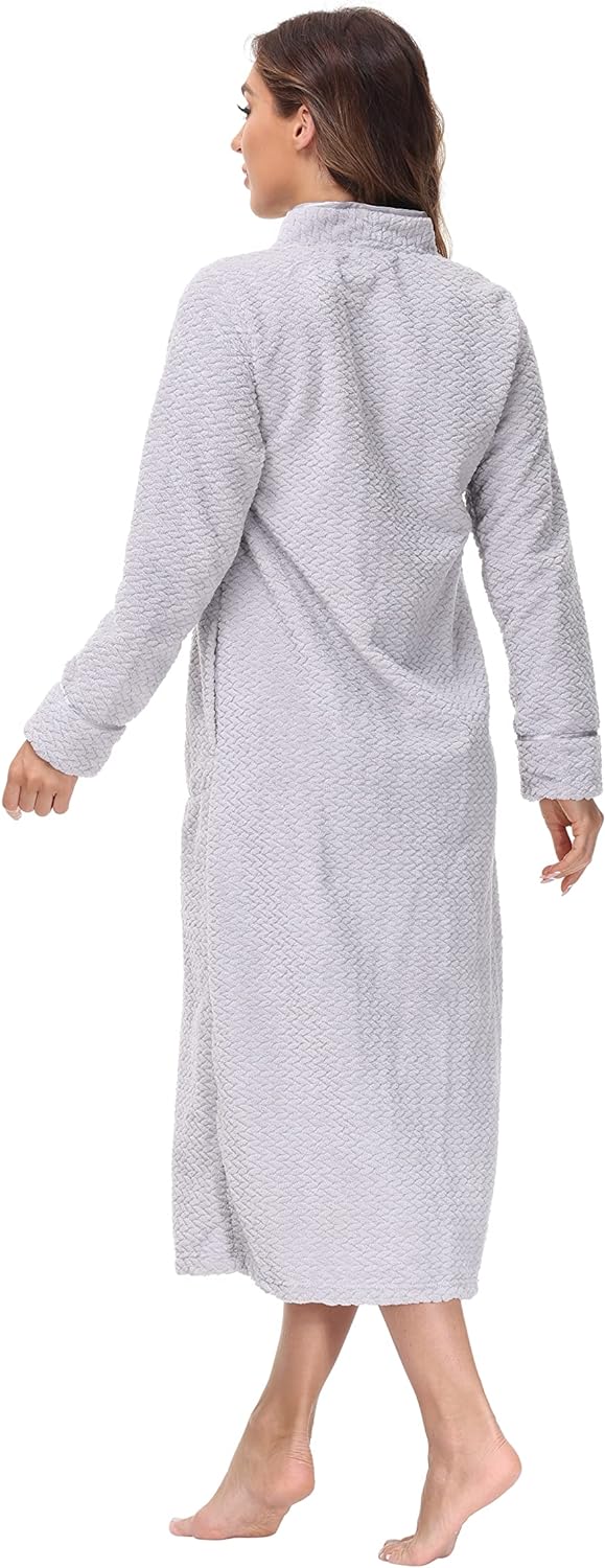 Embossed Plush Front Zipper Robe for Women - Full-Length Housecoat - Ladies Bathrobe with Pocket, Collar & Cuff, Chalky Rose, XS