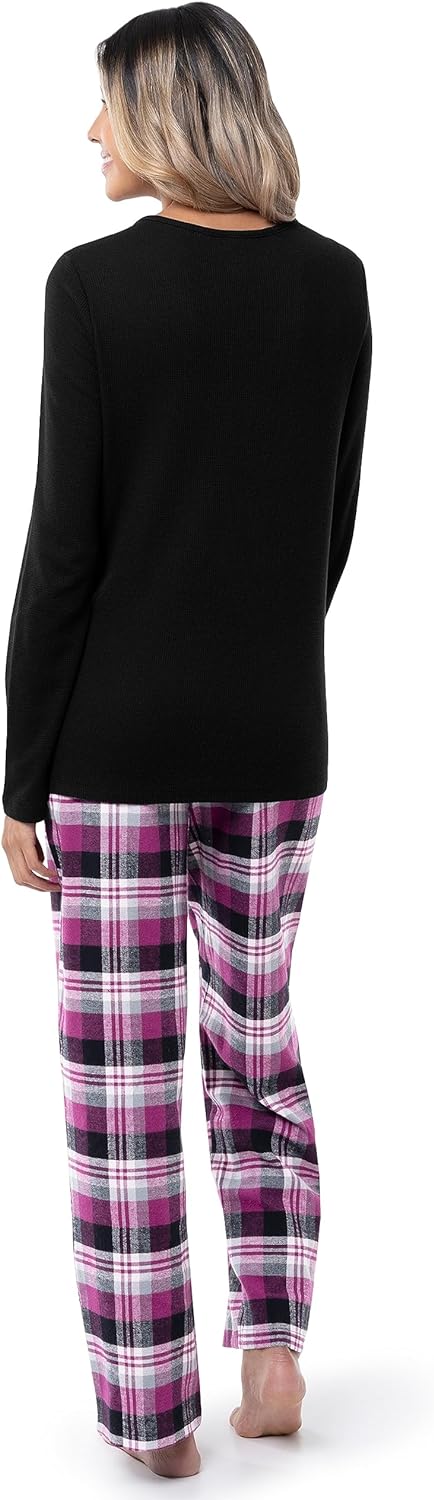 Fruit of the Loom Women's Waffle V-Neck Top and Flannel Pant Sleep Set