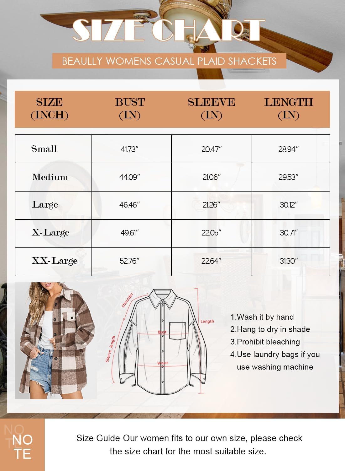 Womens Casual Plaid Shackets Brushed Flannel Button Down Shirt Jacket Coats with Side Pockets