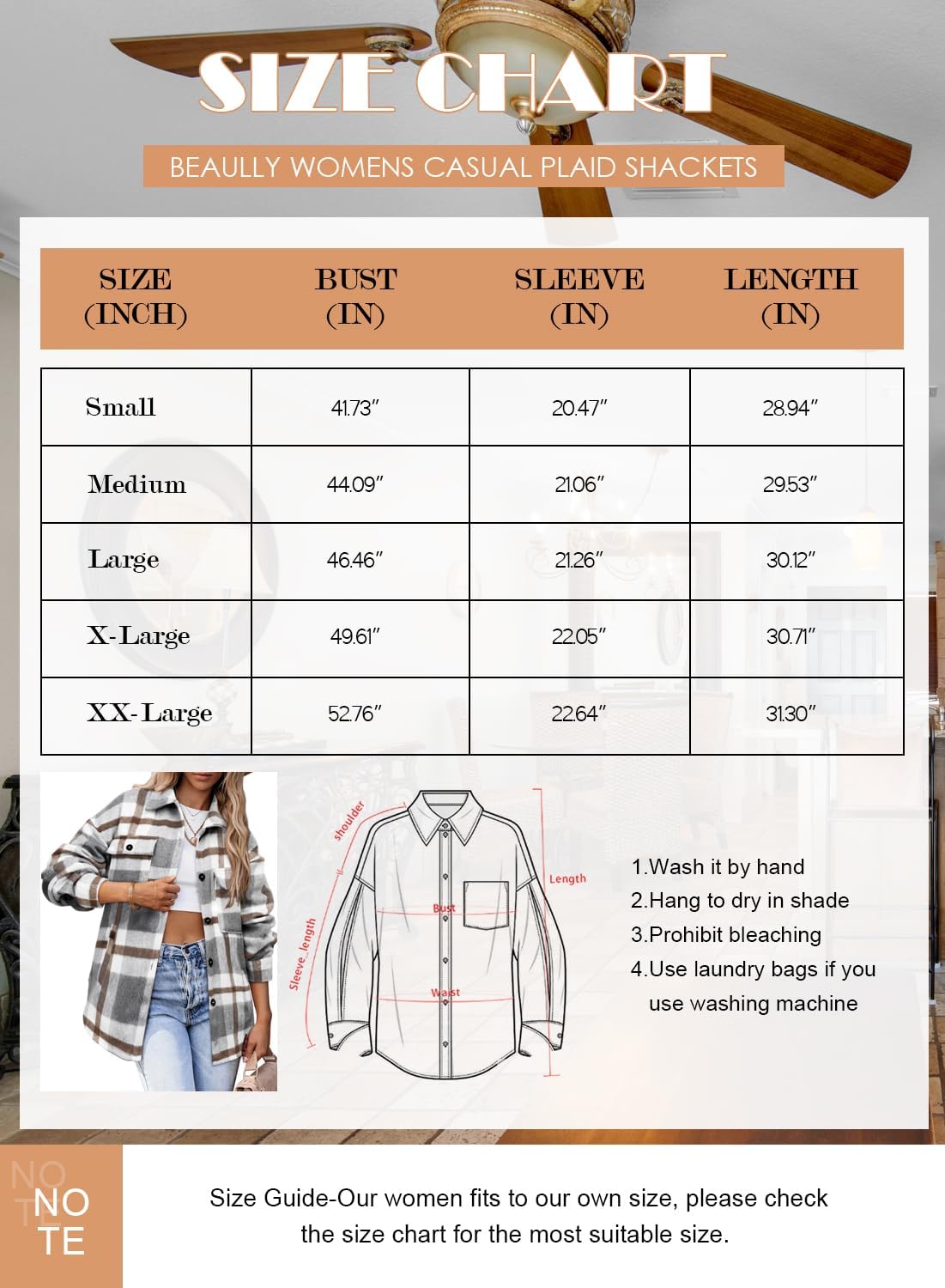 Womens Casual Plaid Shackets Brushed Flannel Button Down Shirt Jacket Coats with Side Pockets