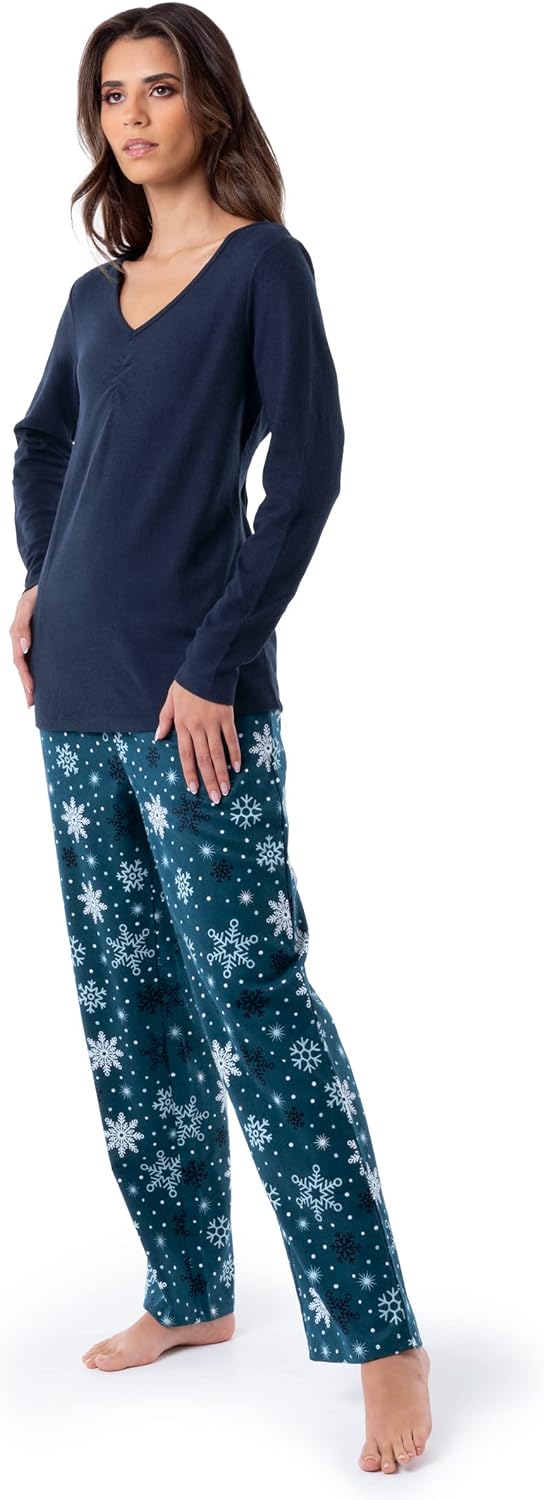 Fruit of the Loom Women's Waffle V-Neck Top and Flannel Pant Sleep Set