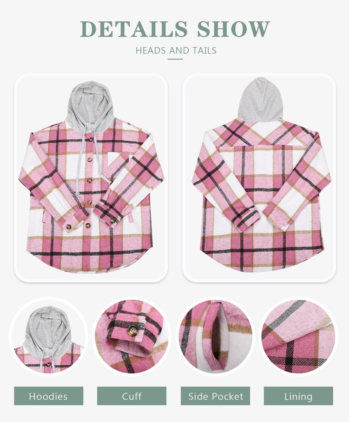 Womens Casual Plaid Shackets Brushed Flannel Button Down Shirt Jacket Coats with Side Pockets