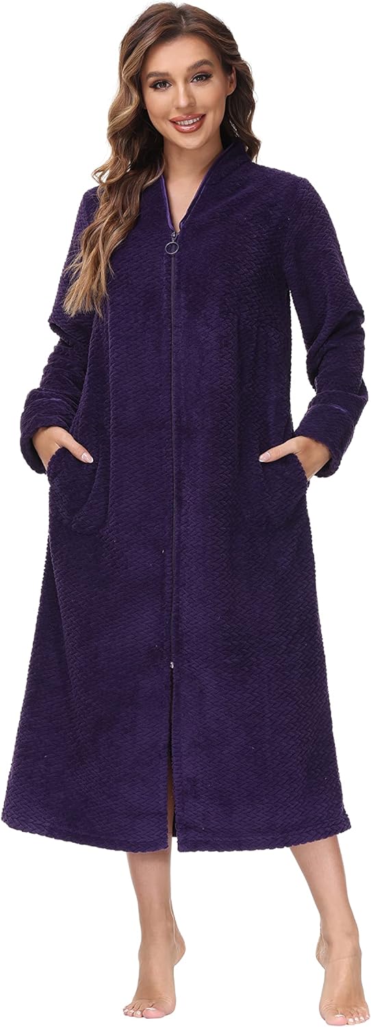 Embossed Plush Front Zipper Robe for Women - Full-Length Housecoat - Ladies Bathrobe with Pocket, Collar & Cuff, Chalky Rose, XS