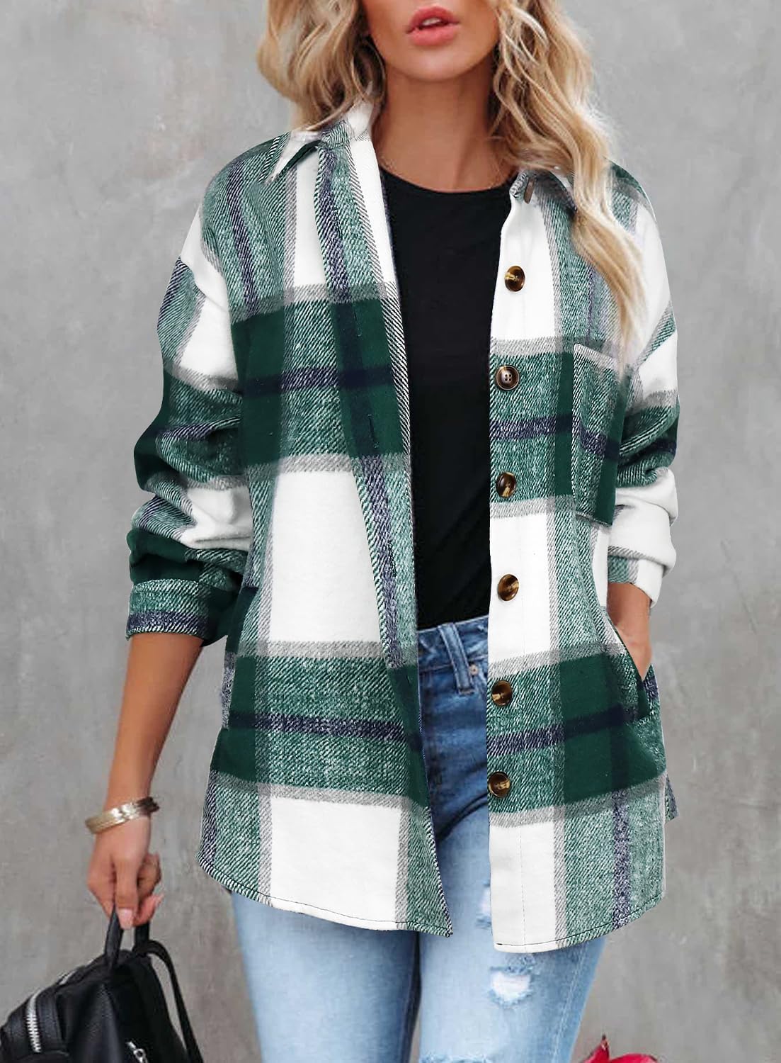 Womens Casual Plaid Shackets Brushed Flannel Button Down Shirt Jacket Coats with Side Pockets