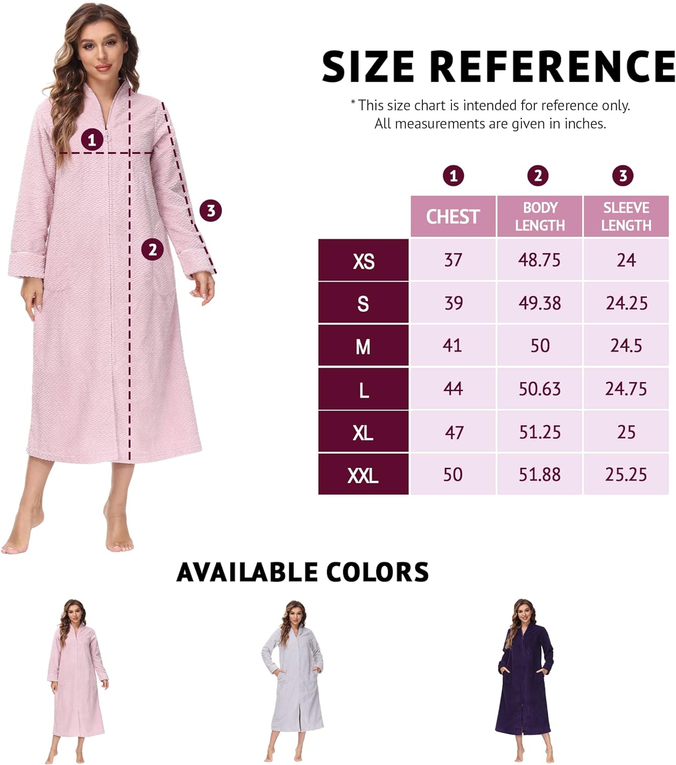 Embossed Plush Front Zipper Robe for Women - Full-Length Housecoat - Ladies Bathrobe with Pocket, Collar & Cuff, Chalky Rose, XS