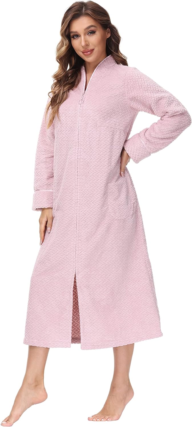 Embossed Plush Front Zipper Robe for Women - Full-Length Housecoat - Ladies Bathrobe with Pocket, Collar & Cuff, Chalky Rose, XS