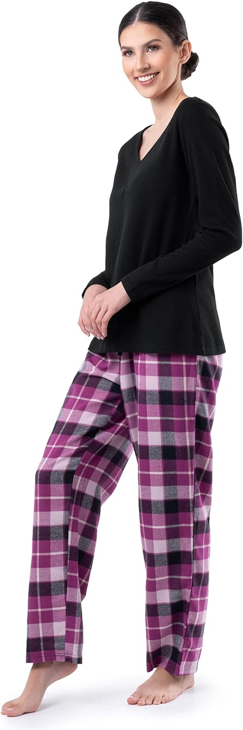 Fruit of the Loom Women's Waffle V-Neck Top and Flannel Pant Sleep Set