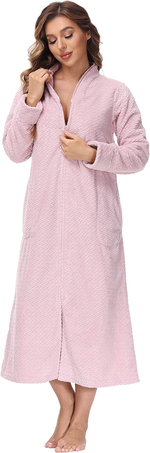 Embossed Plush Front Zipper Robe for Women - Full-Length Housecoat - Ladies Bathrobe with Pocket, Collar & Cuff, Chalky Rose, XS