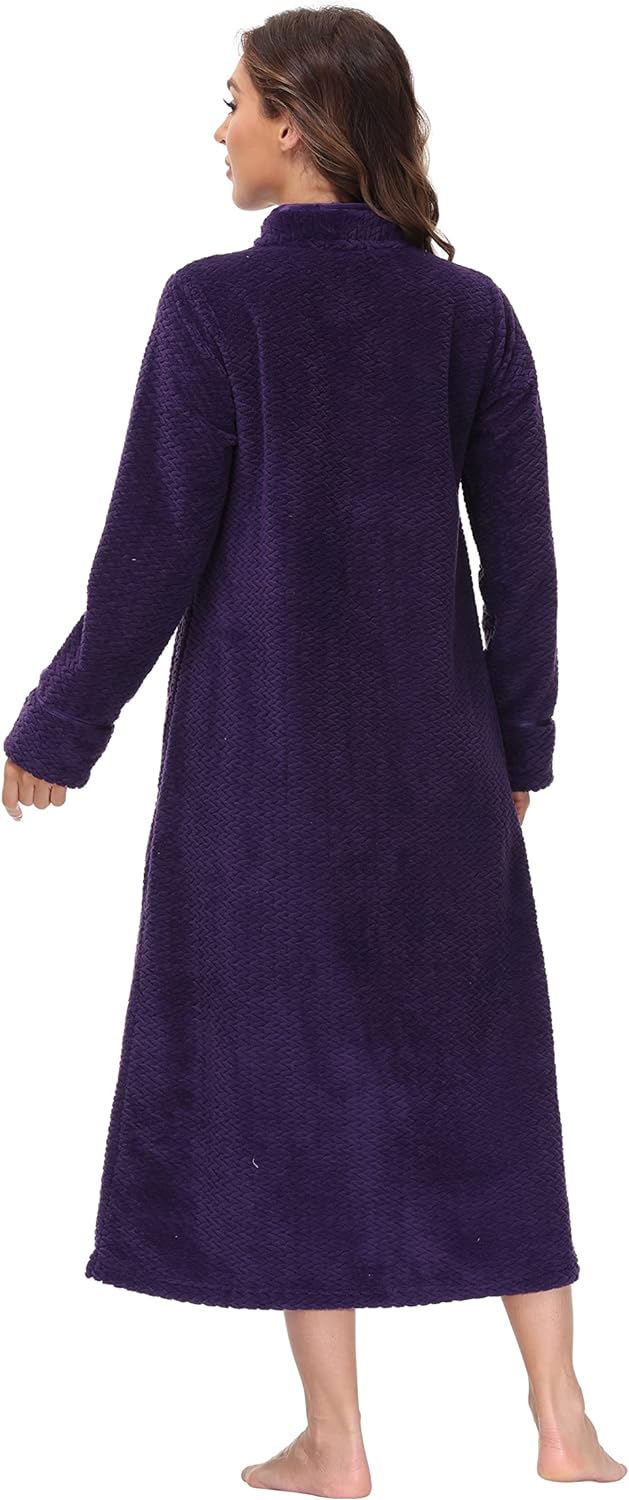 Embossed Plush Front Zipper Robe for Women - Full-Length Housecoat - Ladies Bathrobe with Pocket, Collar & Cuff, Chalky Rose, XS