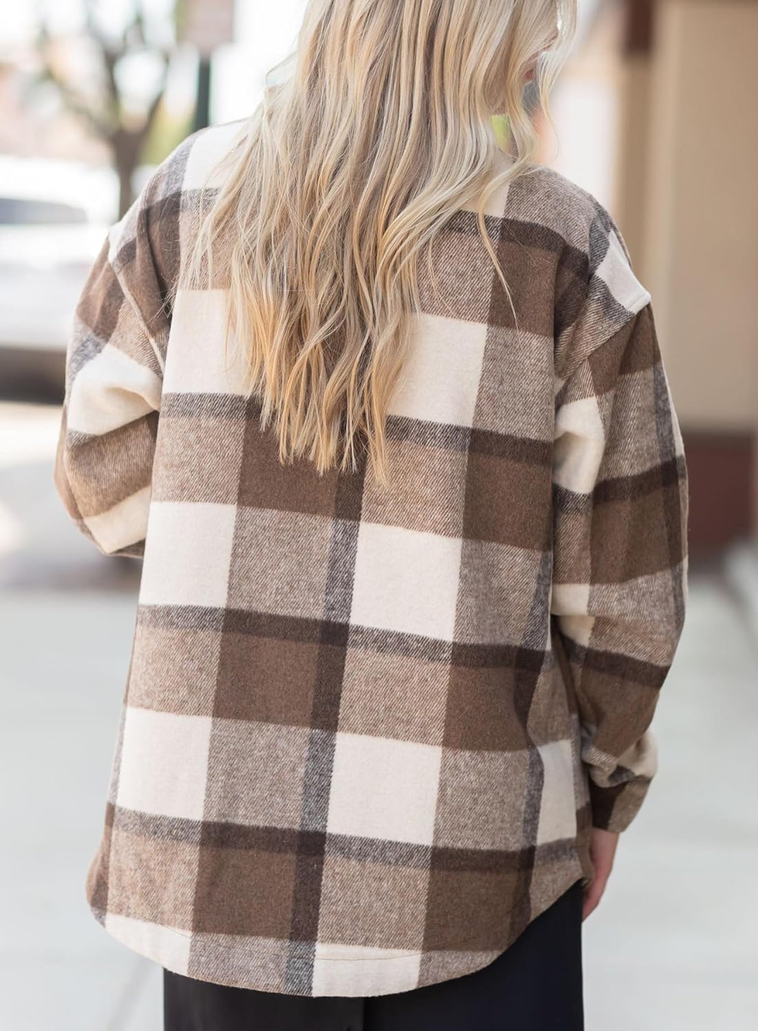 Womens Casual Plaid Shackets Brushed Flannel Button Down Shirt Jacket Coats with Side Pockets