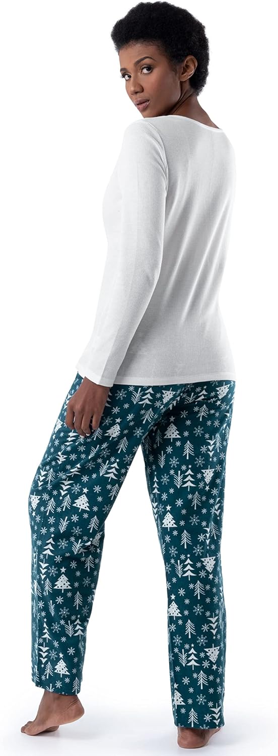 Fruit of the Loom Women's Waffle V-Neck Top and Flannel Pant Sleep Set