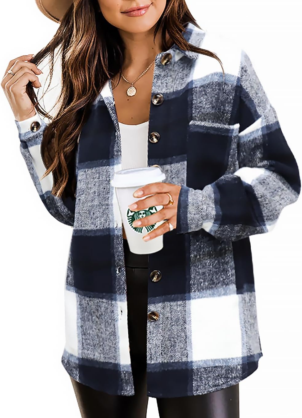 Womens Casual Plaid Shackets Brushed Flannel Button Down Shirt Jacket Coats with Side Pockets