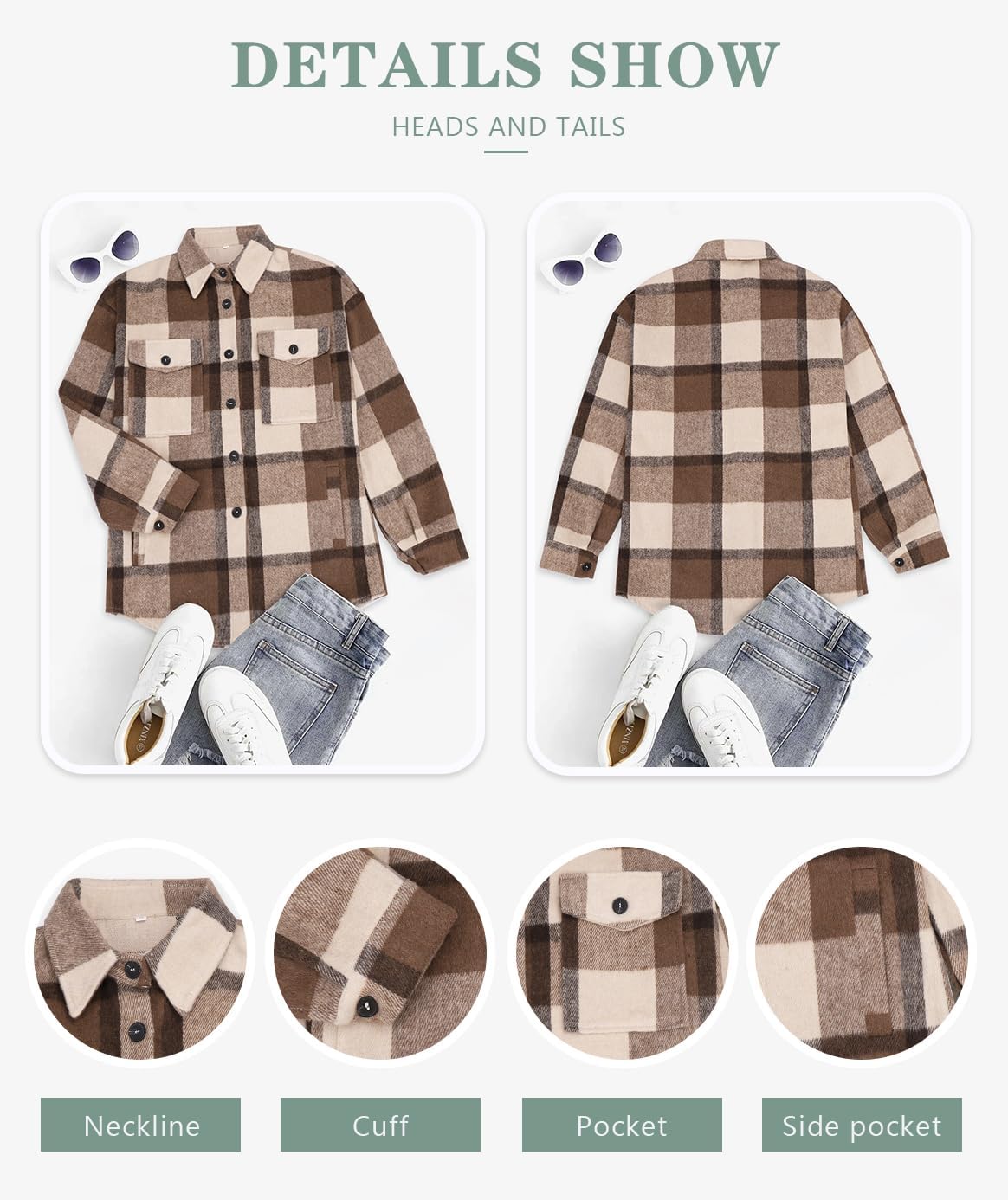 Womens Casual Plaid Shackets Brushed Flannel Button Down Shirt Jacket Coats with Side Pockets