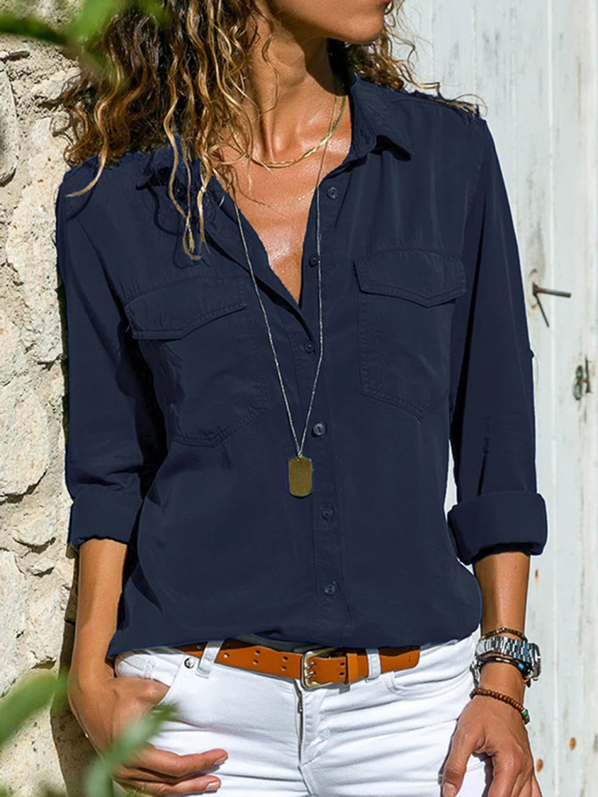 Plain Buttoned Pockets Casual Long Sleeve Shirt