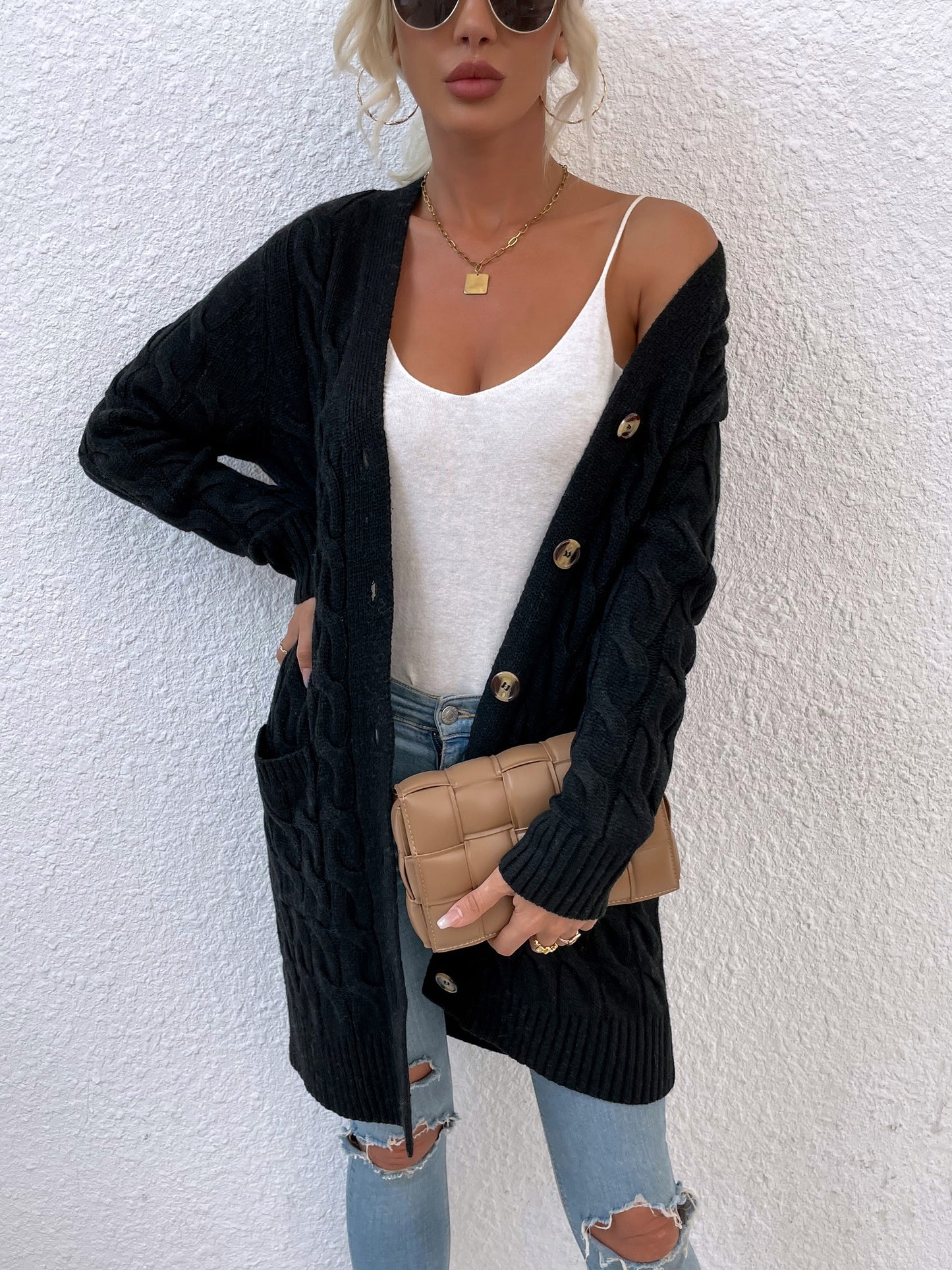 New long coat twist rope solid color cardigan sweater