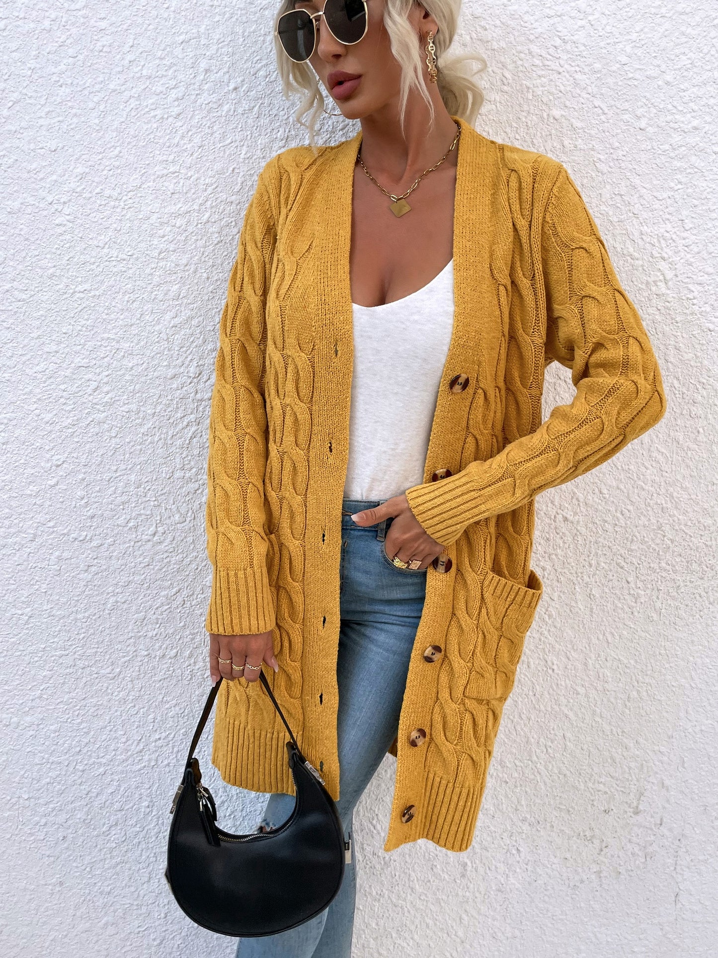 New long coat twist rope solid color cardigan sweater
