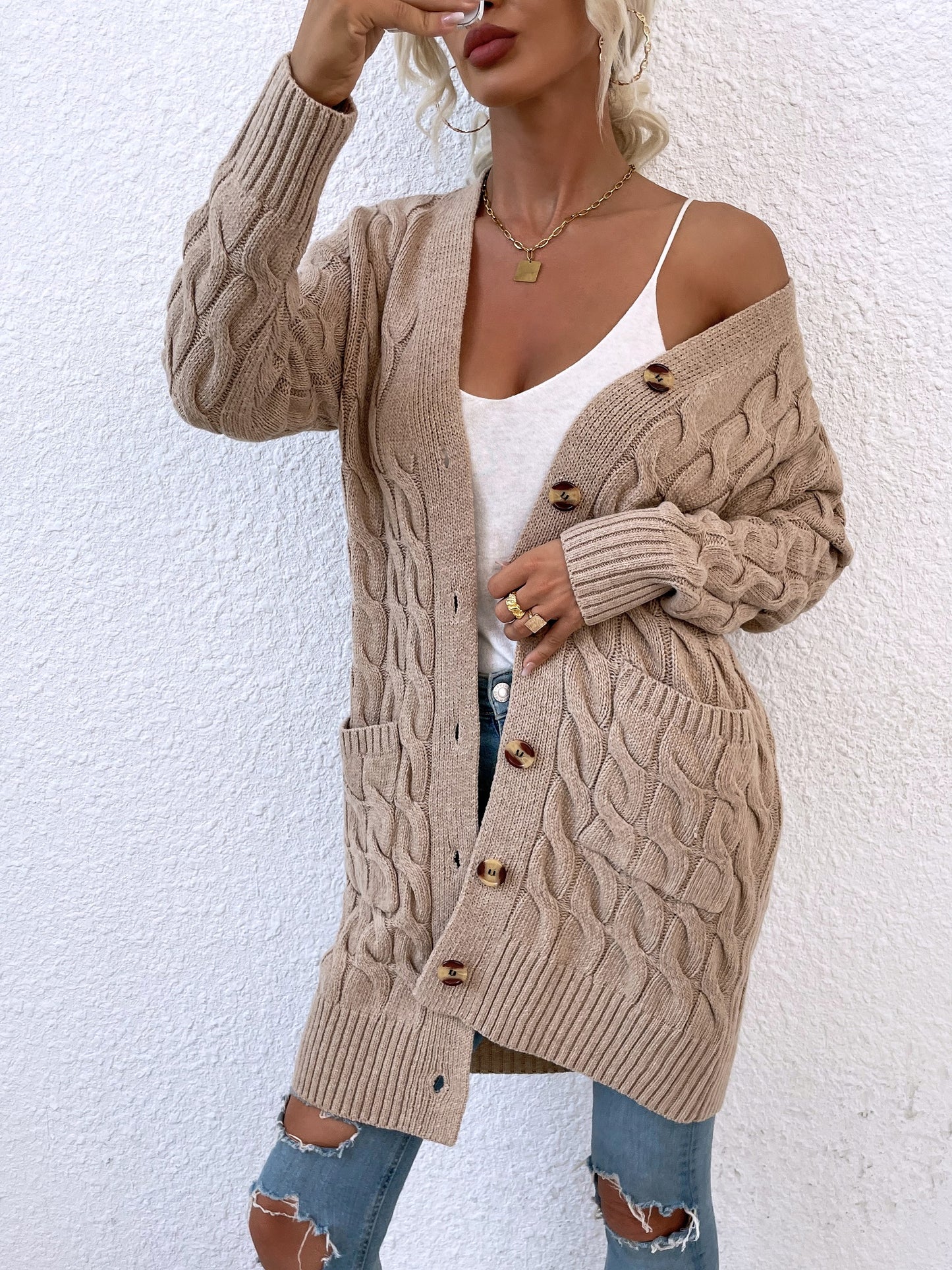 New long coat twist rope solid color cardigan sweater