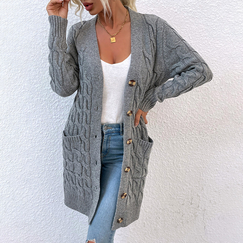 New long coat twist rope solid color cardigan sweater