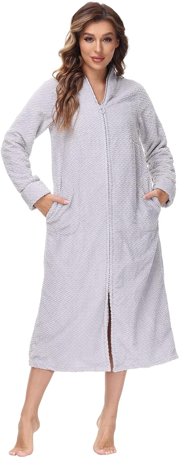 Embossed Plush Front Zipper Robe for Women - Full-Length Housecoat - Ladies Bathrobe with Pocket, Collar & Cuff, Chalky Rose, XS