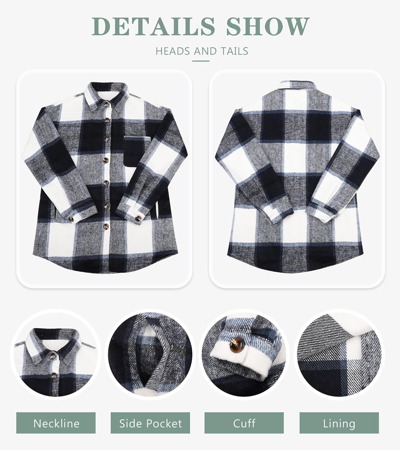 Womens Casual Plaid Shackets Brushed Flannel Button Down Shirt Jacket Coats with Side Pockets
