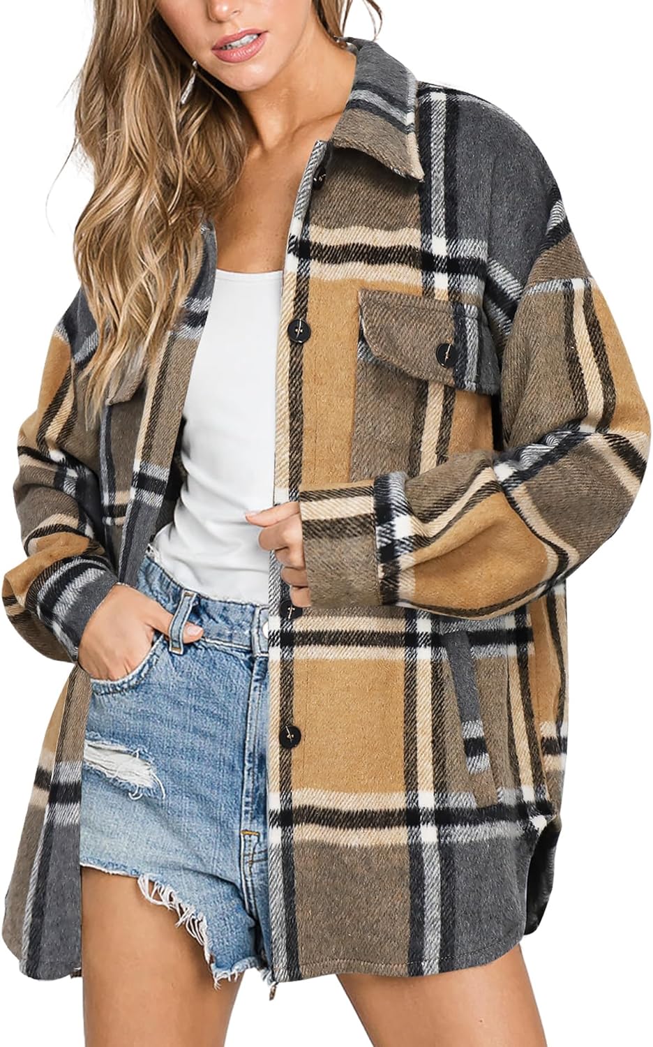 Womens Casual Plaid Shackets Brushed Flannel Button Down Shirt Jacket Coats with Side Pockets