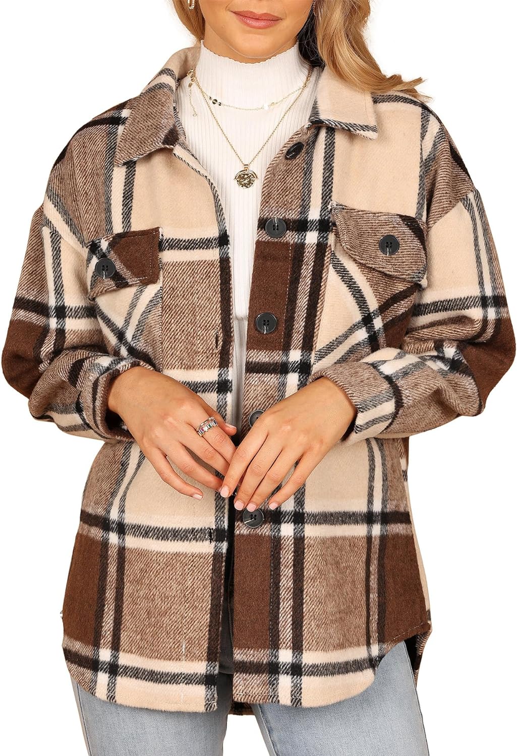 Womens Casual Plaid Shackets Brushed Flannel Button Down Shirt Jacket Coats with Side Pockets