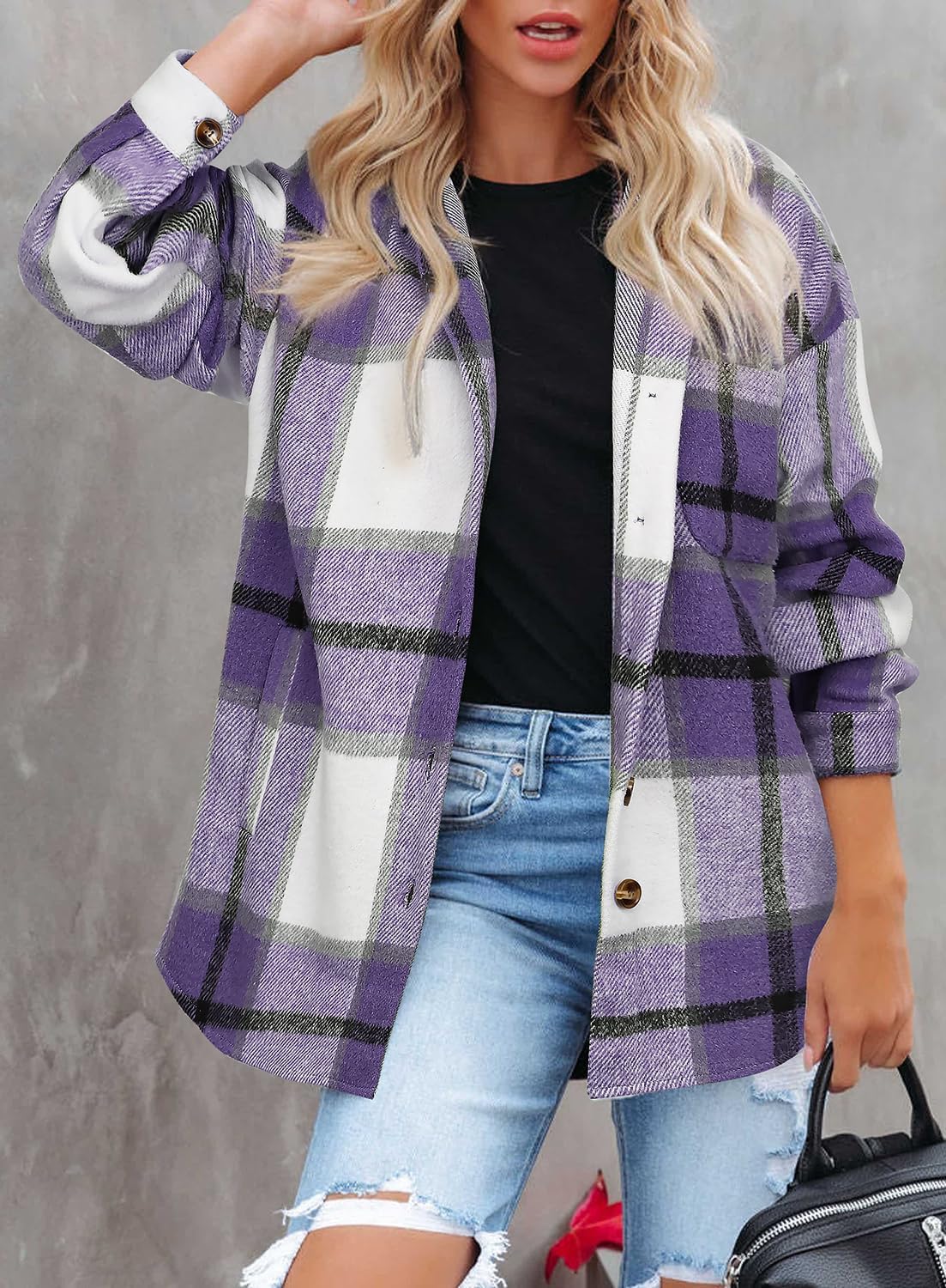 Womens Casual Plaid Shackets Brushed Flannel Button Down Shirt Jacket Coats with Side Pockets