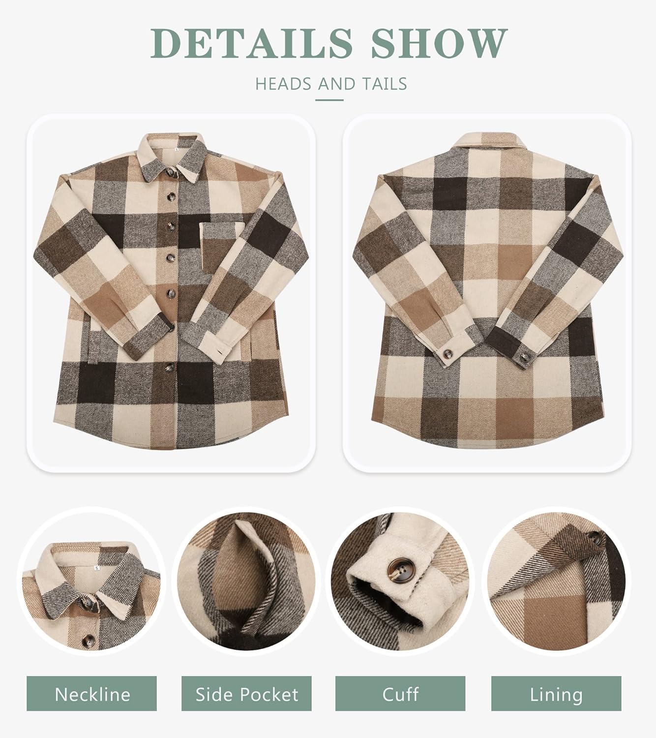 Womens Casual Plaid Shackets Brushed Flannel Button Down Shirt Jacket Coats with Side Pockets