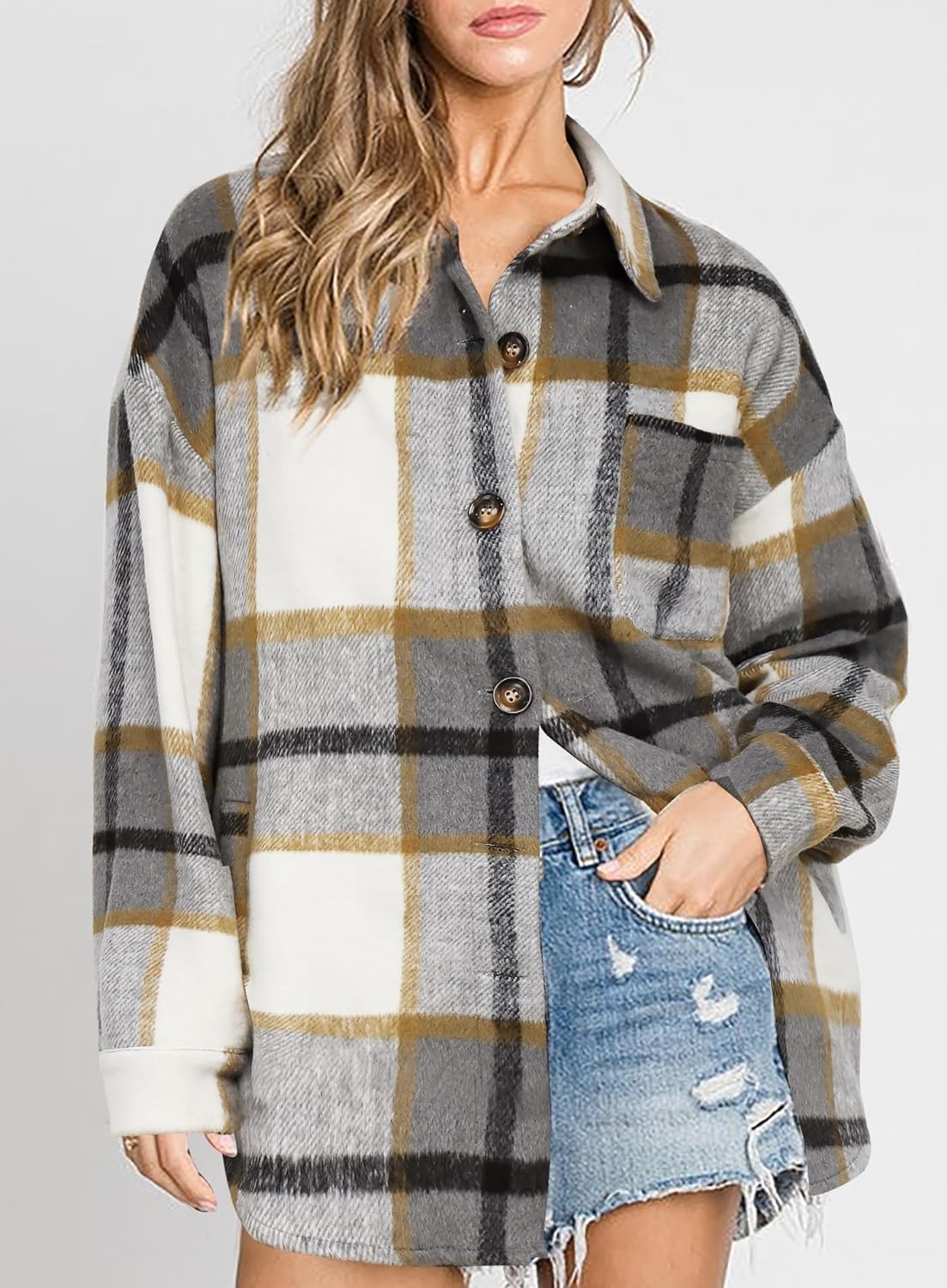 Womens Casual Plaid Shackets Brushed Flannel Button Down Shirt Jacket Coats with Side Pockets