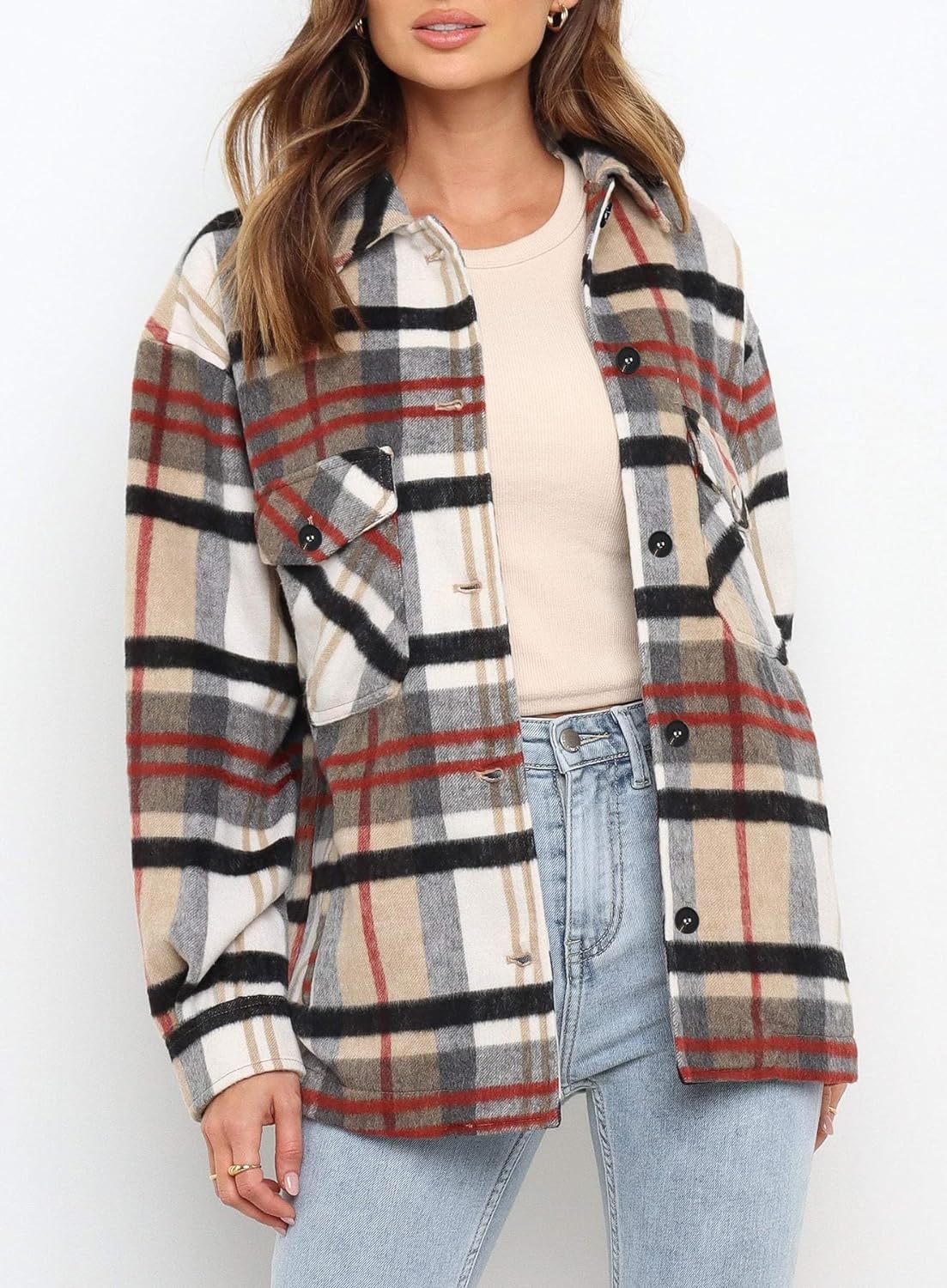 Womens Casual Plaid Shackets Brushed Flannel Button Down Shirt Jacket Coats with Side Pockets