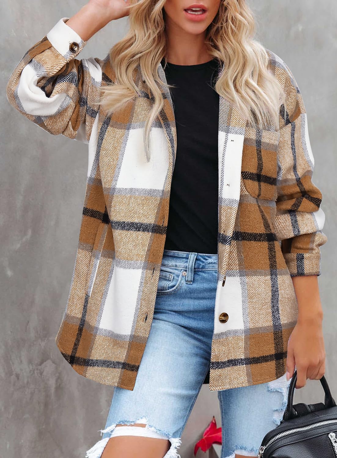 Womens Casual Plaid Shackets Brushed Flannel Button Down Shirt Jacket Coats with Side Pockets