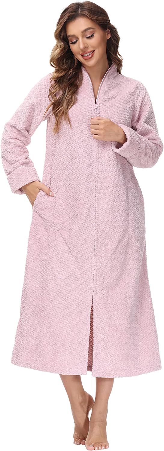 Embossed Plush Front Zipper Robe for Women - Full-Length Housecoat - Ladies Bathrobe with Pocket, Collar & Cuff, Chalky Rose, XS