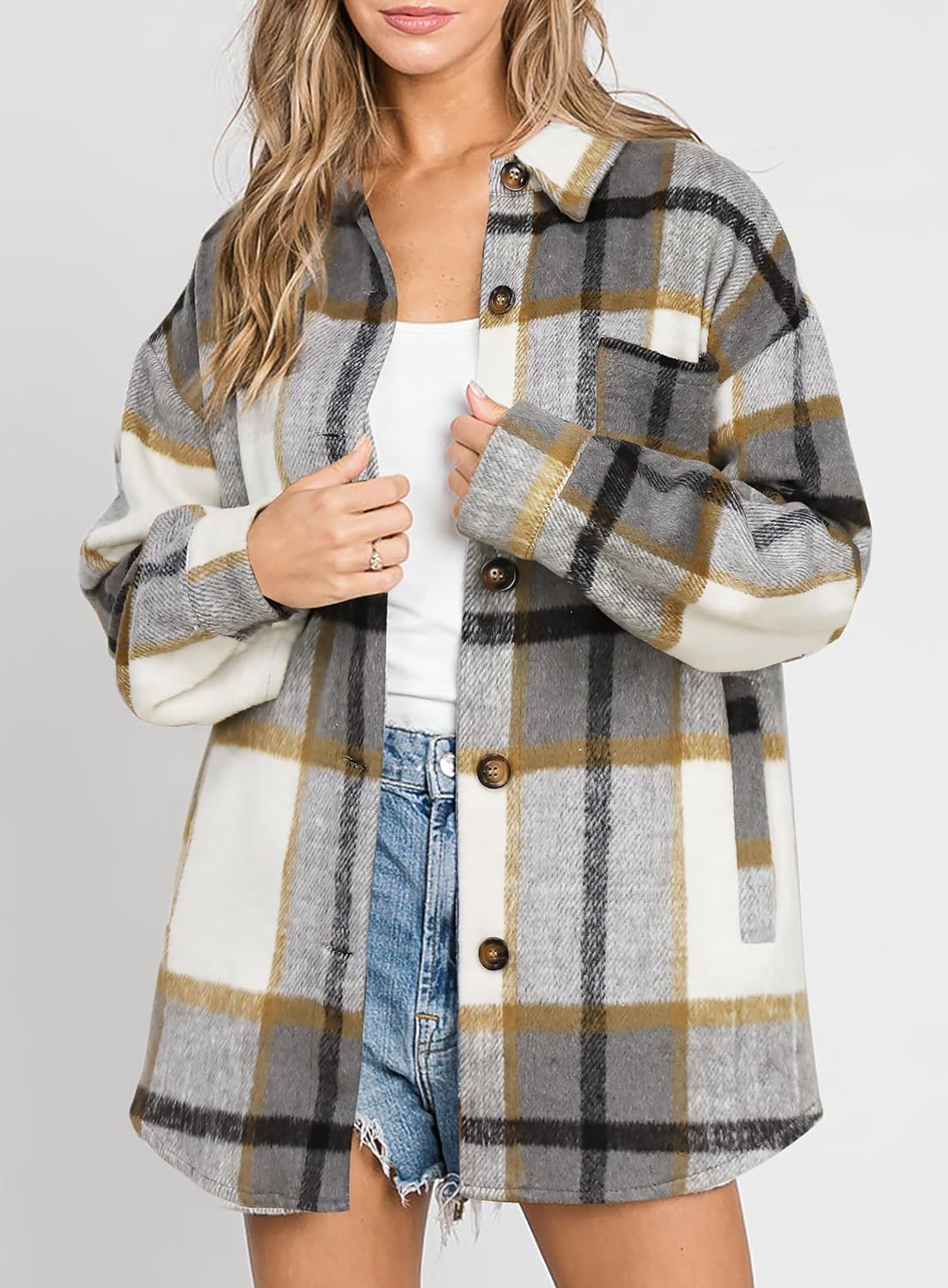 Womens Casual Plaid Shackets Brushed Flannel Button Down Shirt Jacket Coats with Side Pockets