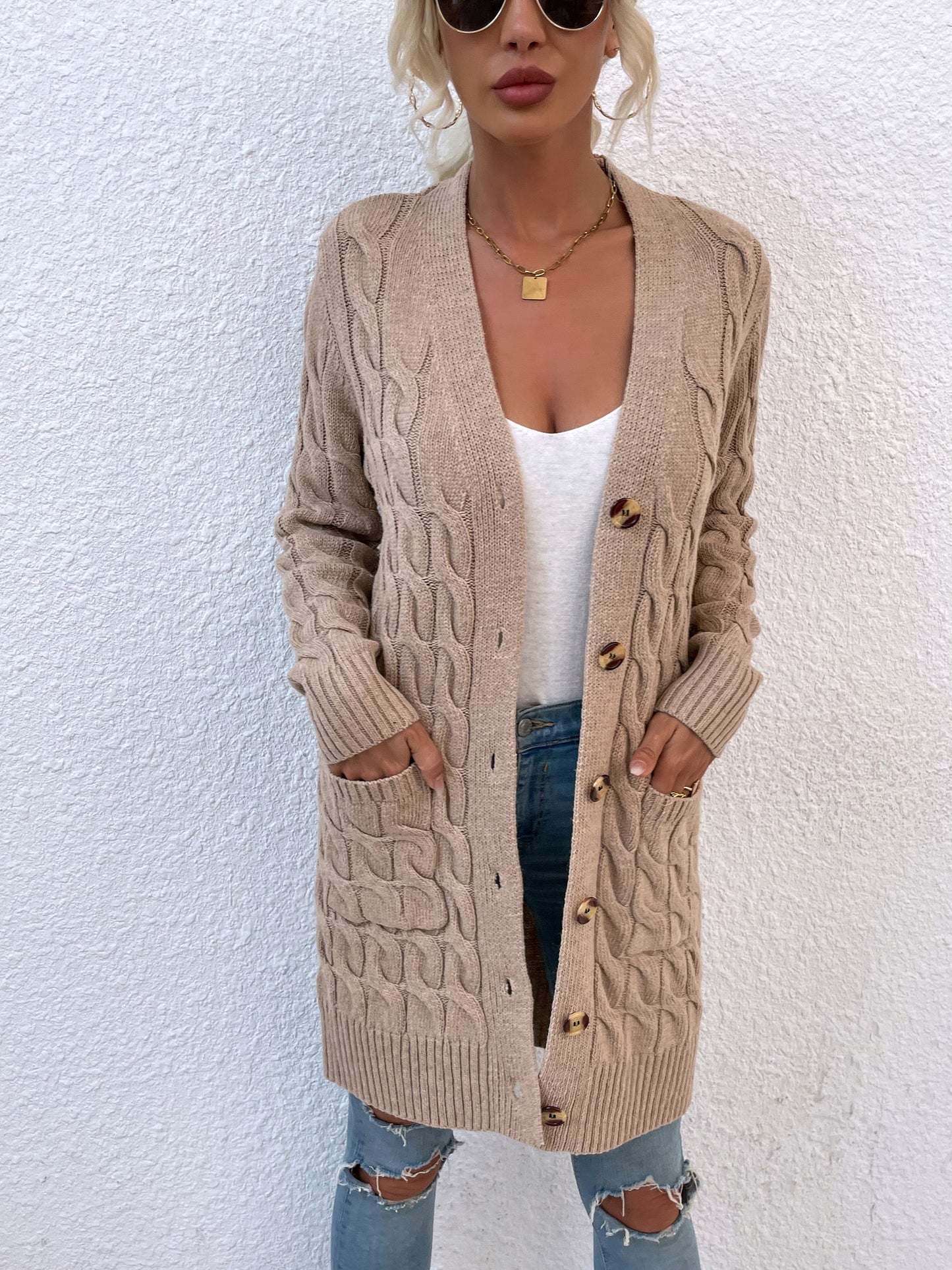 New long coat twist rope solid color cardigan sweater