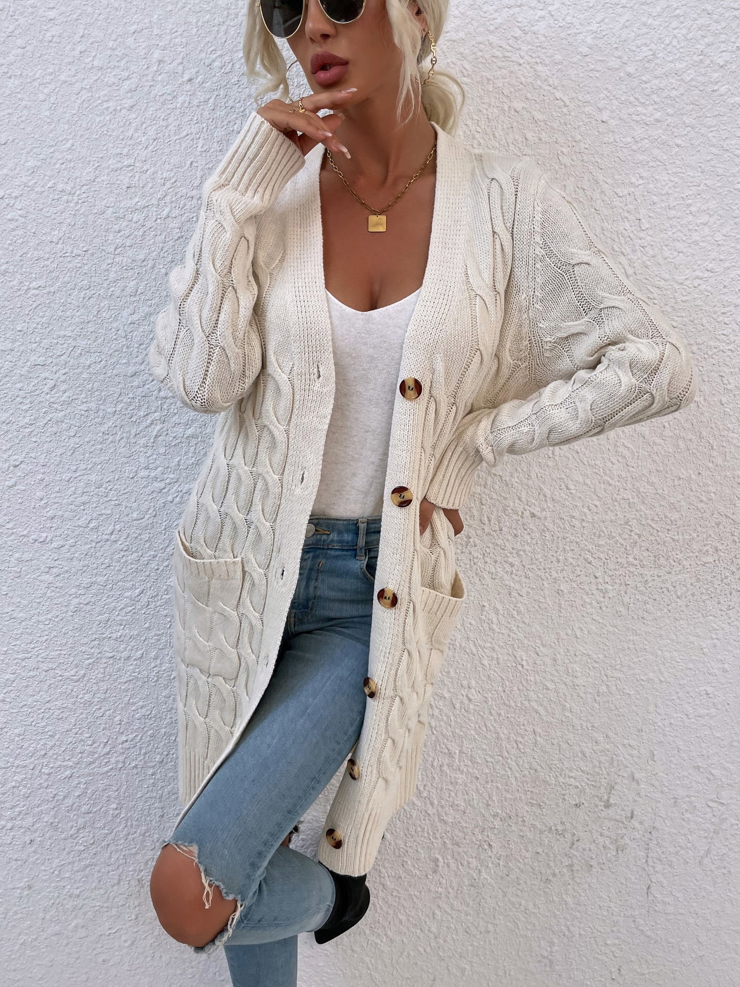 New long coat twist rope solid color cardigan sweater