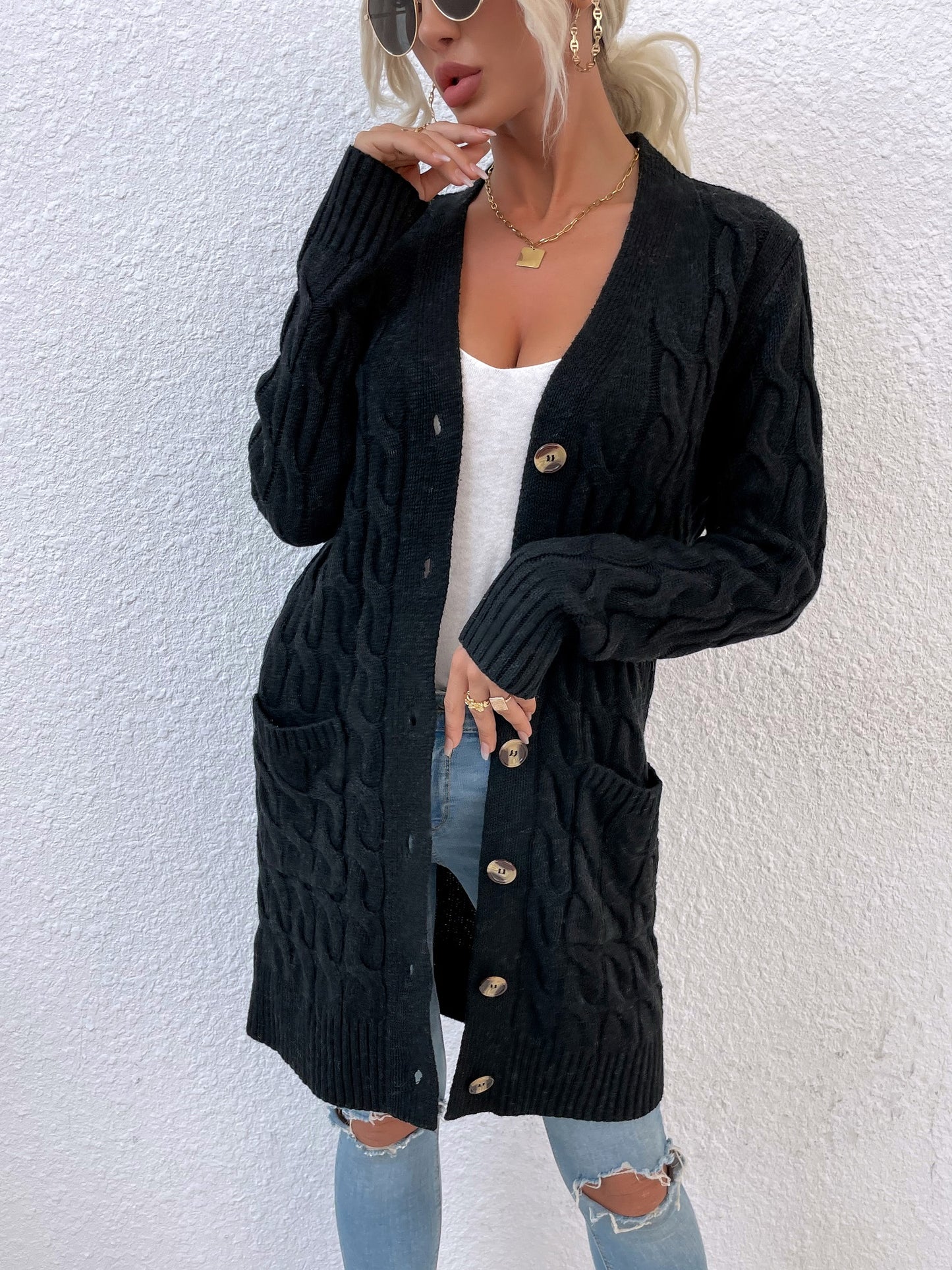 New long coat twist rope solid color cardigan sweater