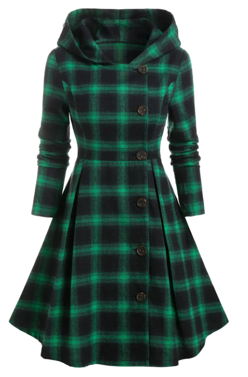 Hooded Single Breasted Plaid Skirted Coat