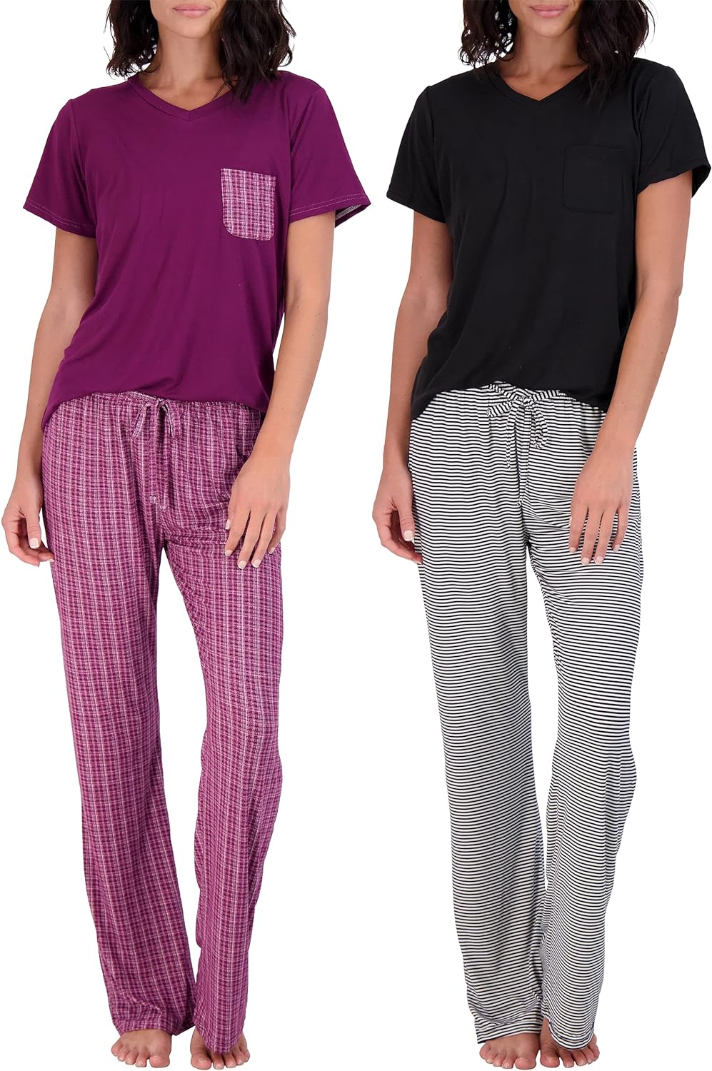 Real Essentials 2 Pack: Women’s Pajama Set Super-Soft Short & Long Sleeve Top With Pants (Available In Plus Size)