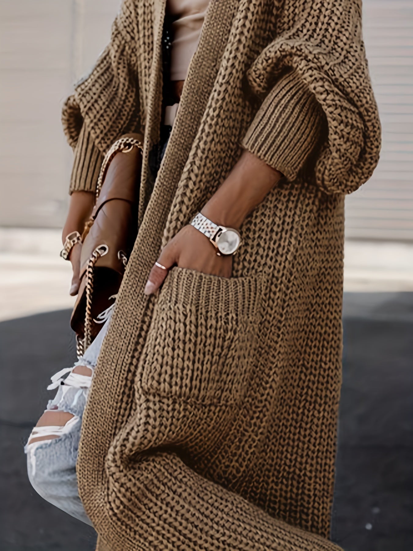 Plus Size Casual Cardigan, Women's Plus Solid Long Sleeve Open Front Cardigan With Pockets