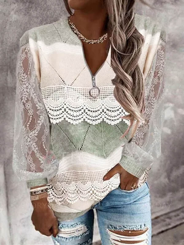 Color block casual zipper lace sleeve top