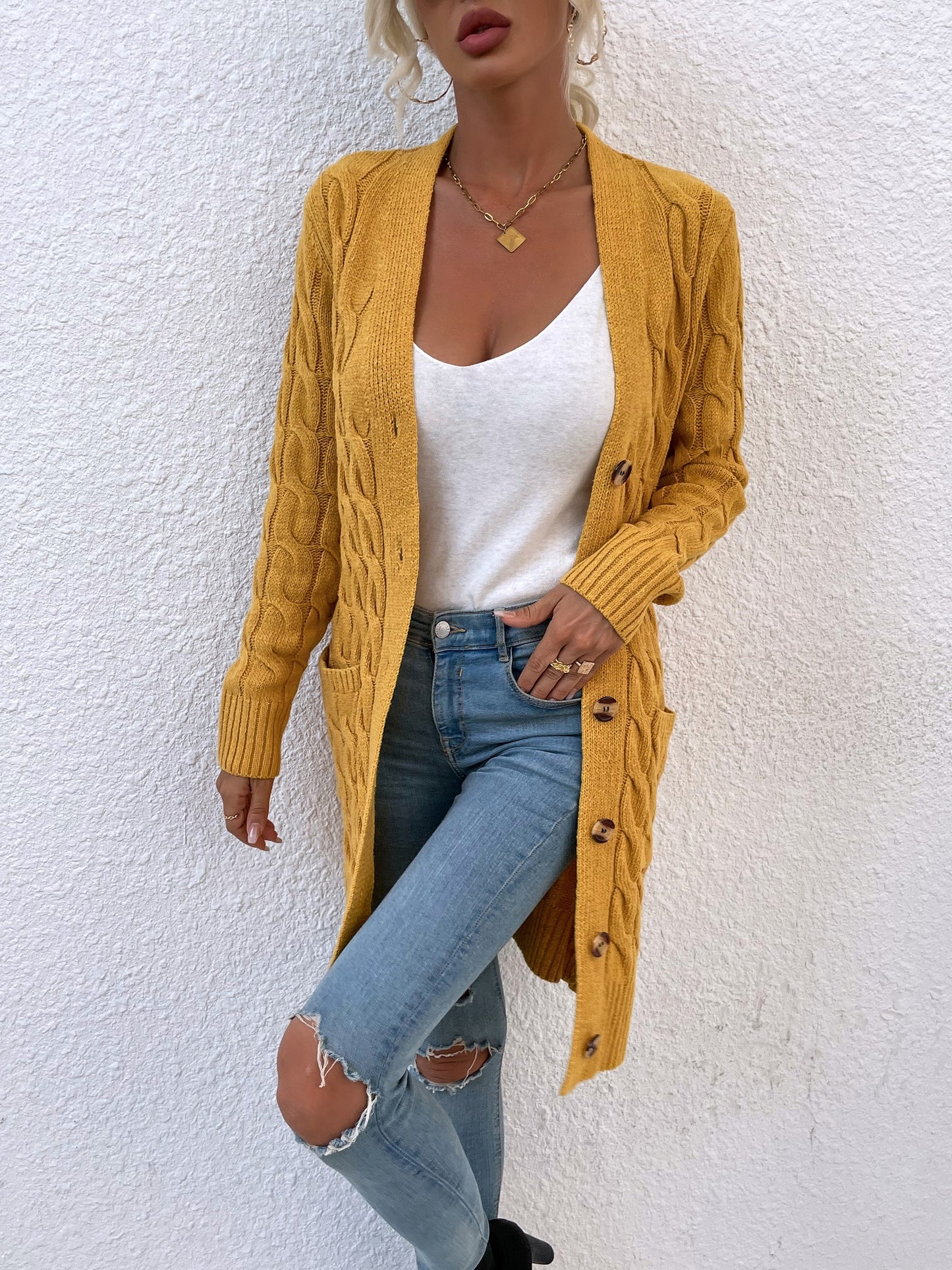 New long coat twist rope solid color cardigan sweater