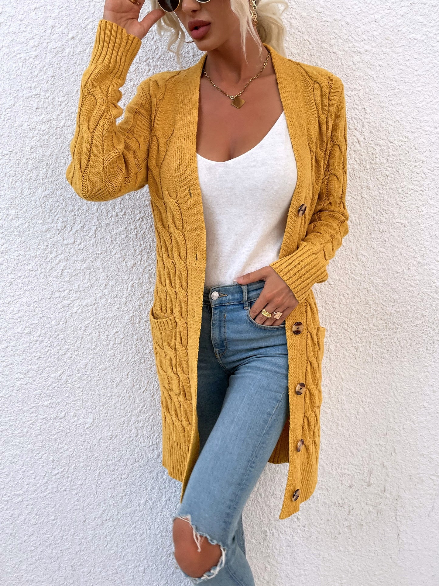 New long coat twist rope solid color cardigan sweater