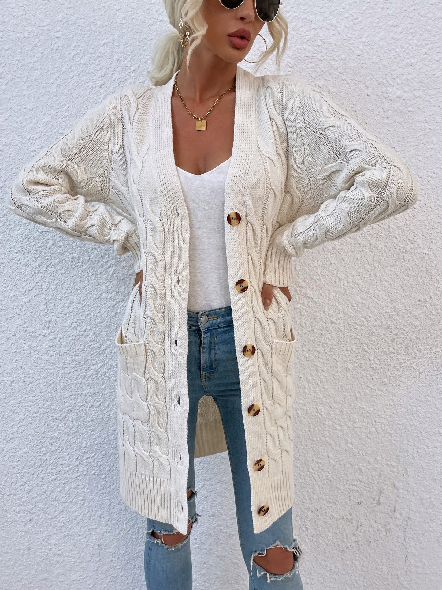 New long coat twist rope solid color cardigan sweater