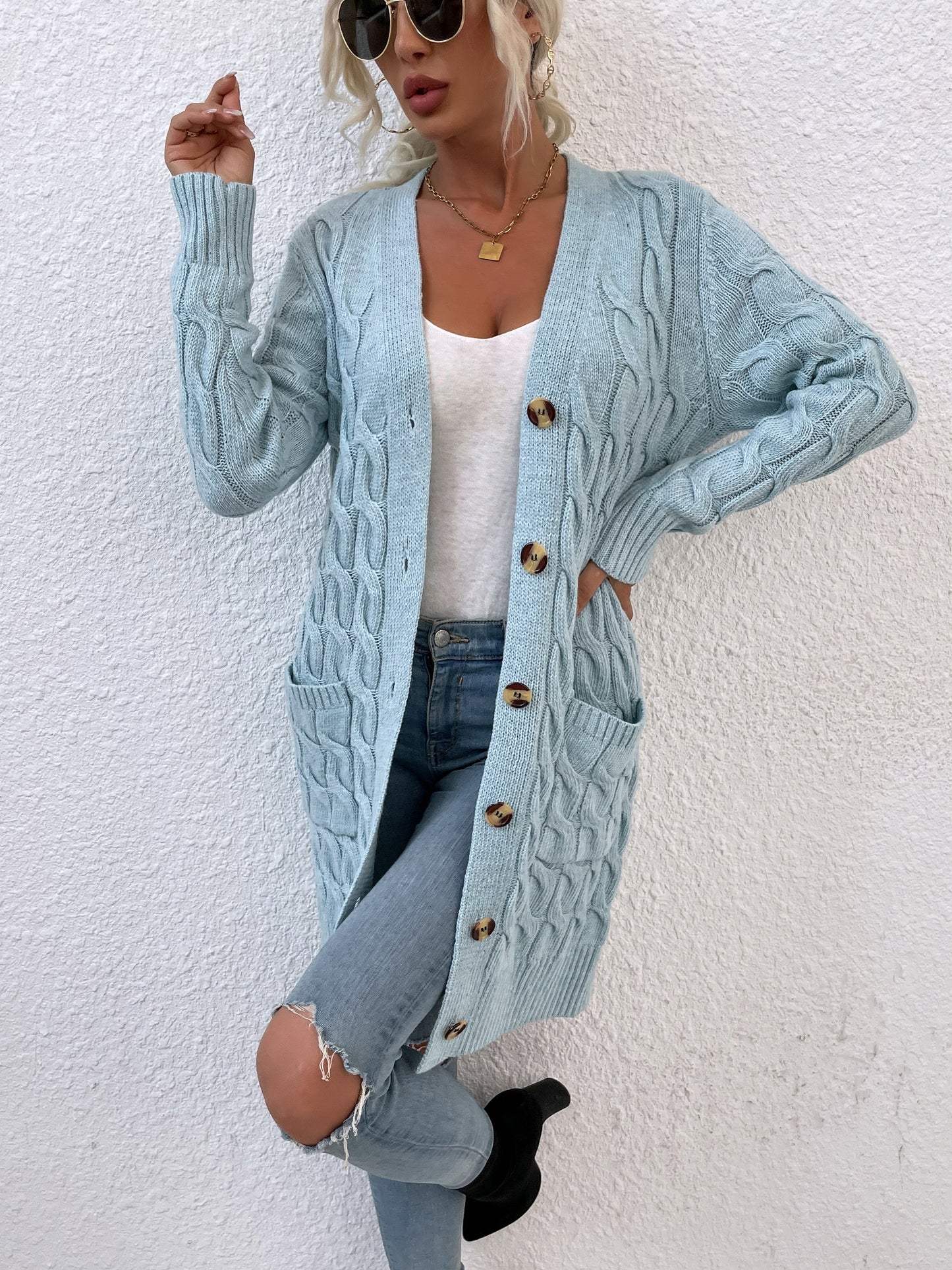 New long coat twist rope solid color cardigan sweater