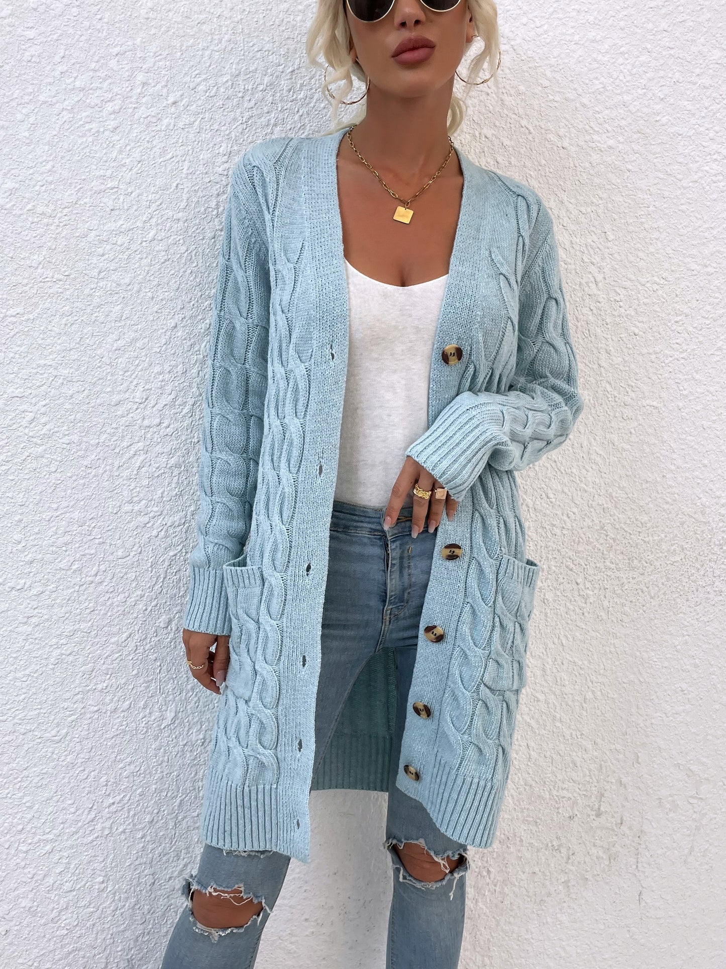New long coat twist rope solid color cardigan sweater