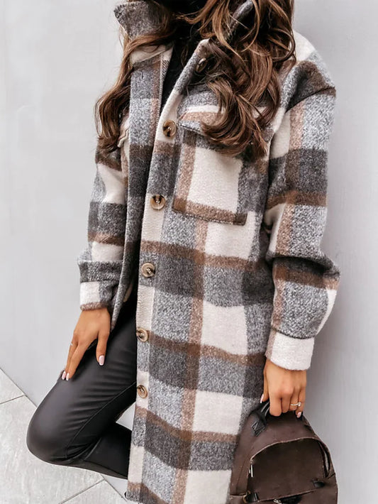 Women's trench coat set head long plaid coat with pockets slim coat