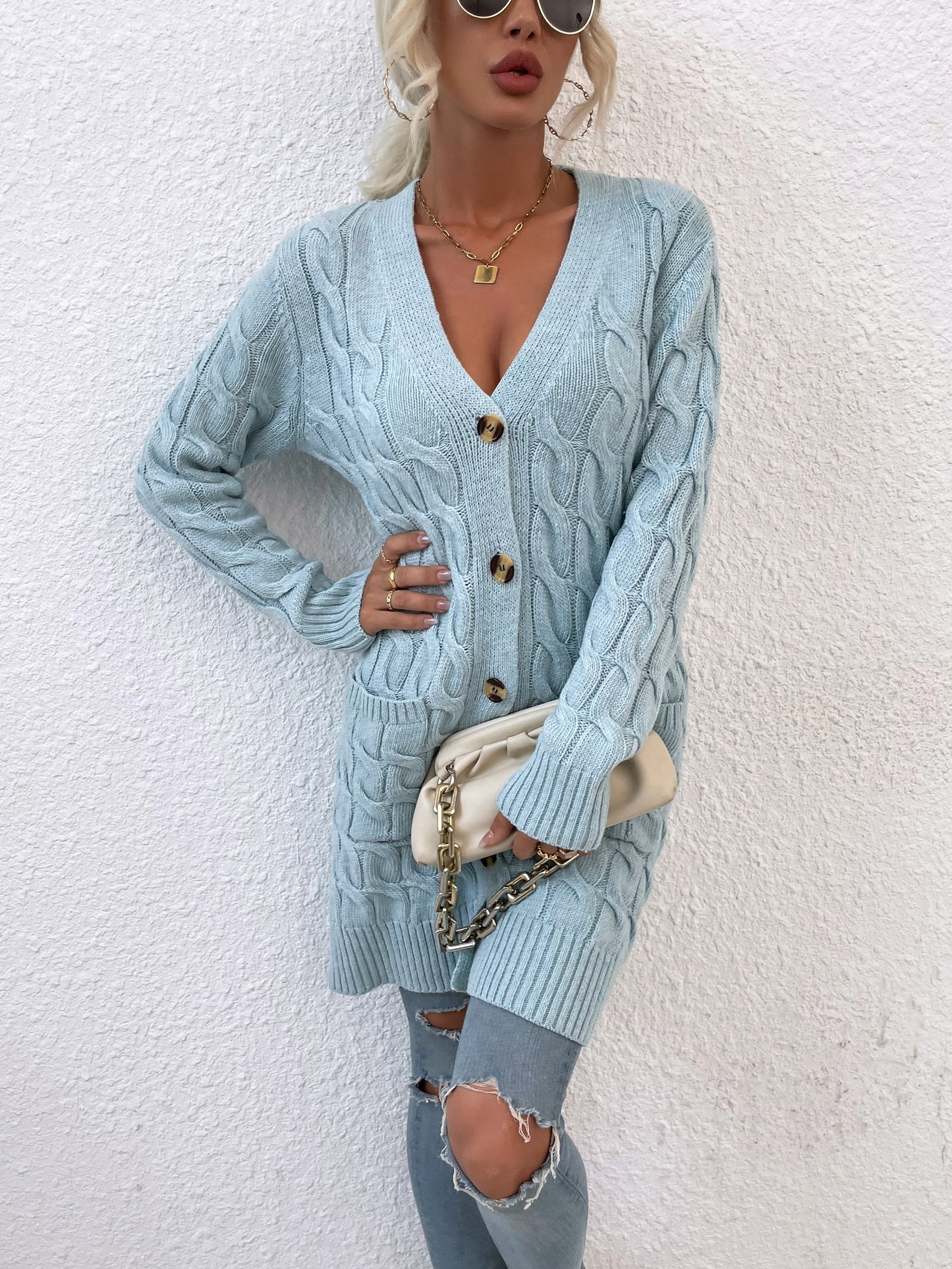 New long coat twist rope solid color cardigan sweater