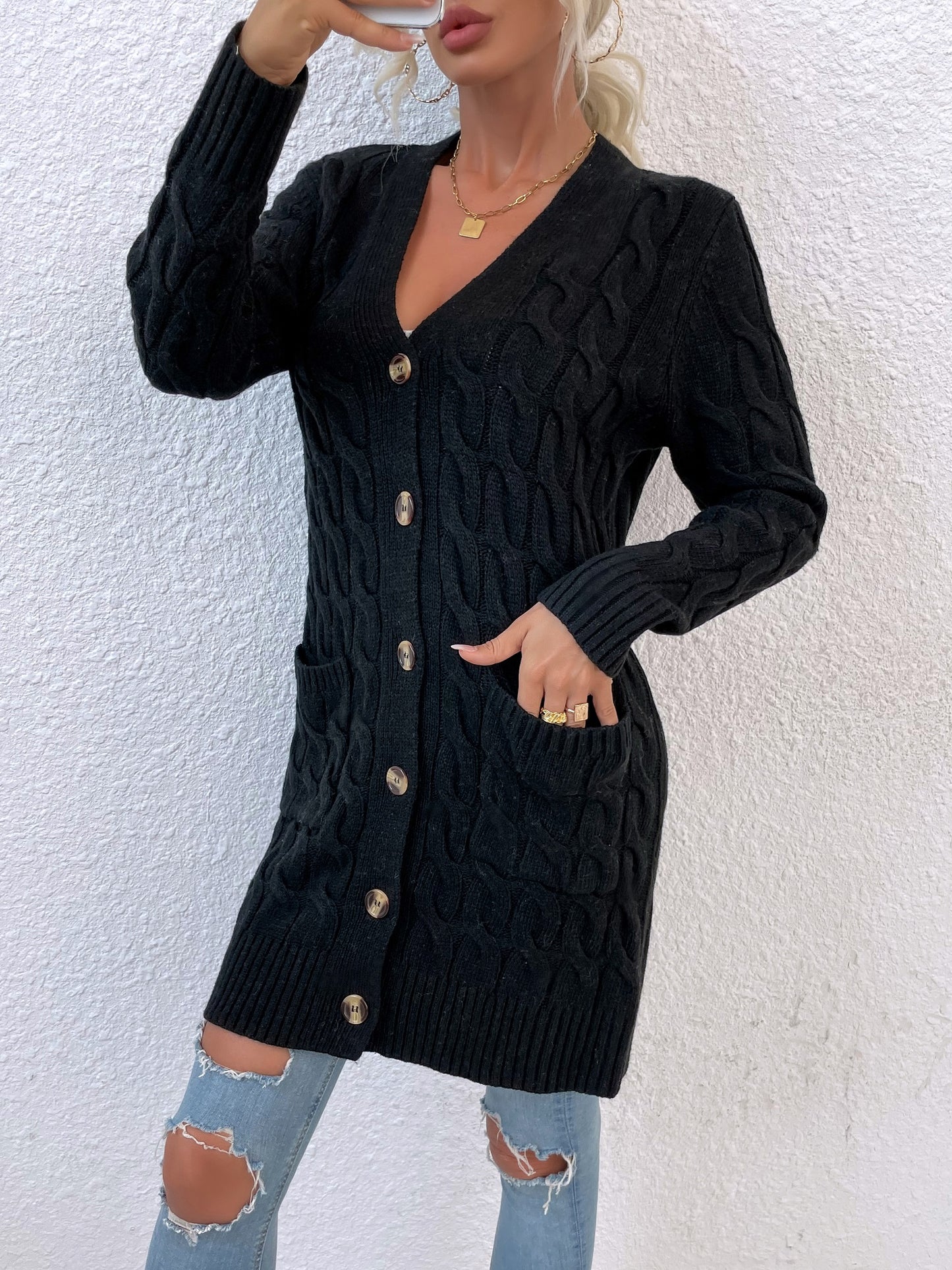 New long coat twist rope solid color cardigan sweater