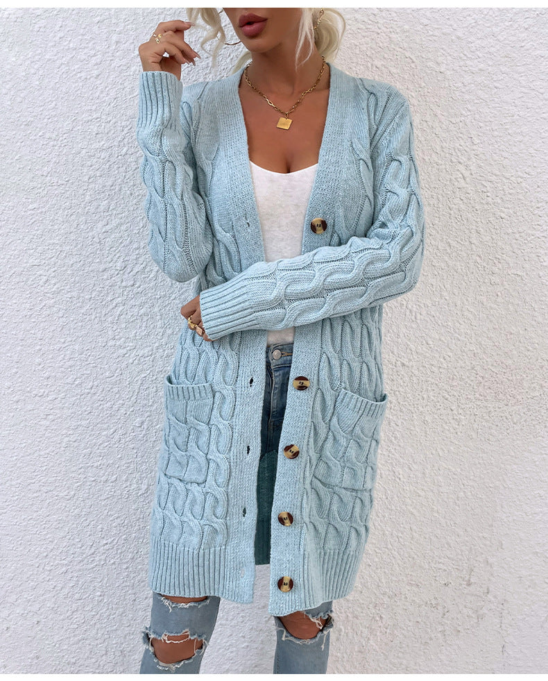New long coat twist rope solid color cardigan sweater