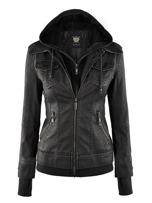Women's Detachable Hooded Faux Leather Motorcycle Jacket